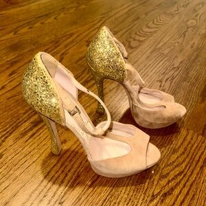 Sparkly Miu Miu Gold & Suede Platform Sandals Size 40
